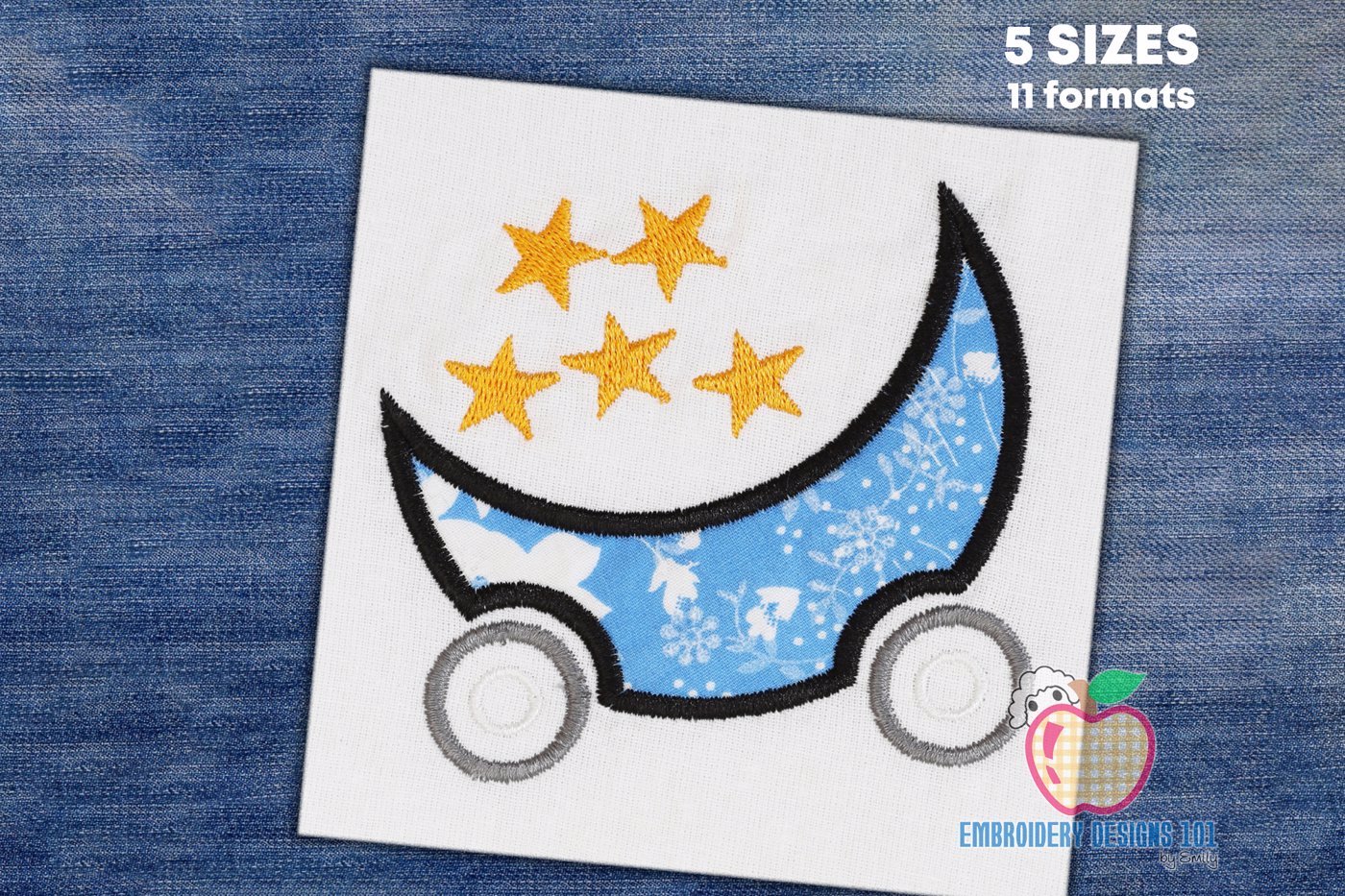 Moon Cartoon Trolley with stars Embroidery Design