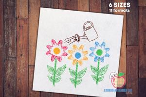 Watering Can with Flower Garden Sketch Embroidery