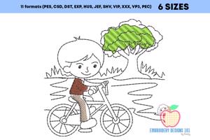 Boy riding bicycle in the park Sketch Embroidery