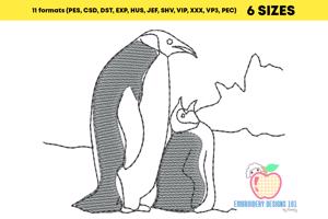 Mother Penguin with Baby Penguin Sketch Embroidery