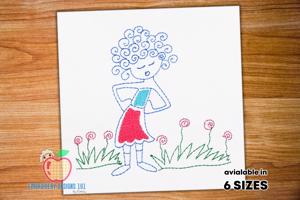 Cute Curley Hair Girl Sketch Embroidery