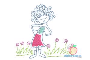 Cute Curley Hair Girl Sketch Embroidery