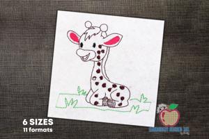 Baby Giraffe Sitting on Grass Sketch Embroidery