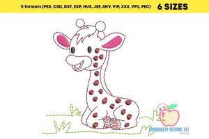 Baby Giraffe Sitting on Grass Sketch Embroidery