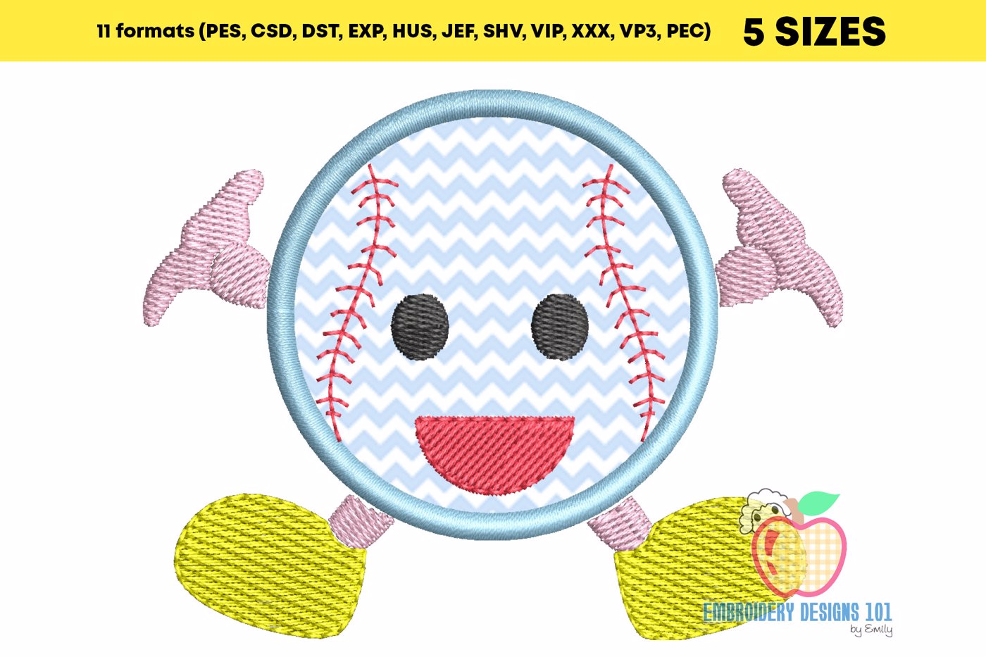 Baseball with Cartoon Face Embroidery Design