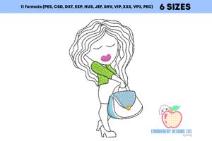 A Stylish Girl Holding A Bag Sketch Embroidery