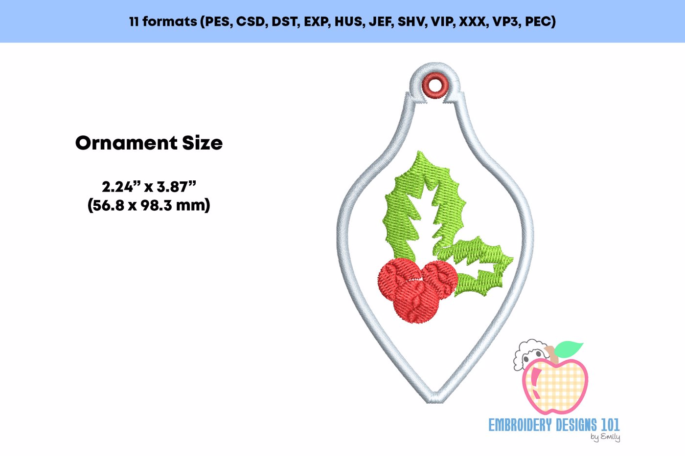 Christmas Holly Leaves and Berry ITH Ornament