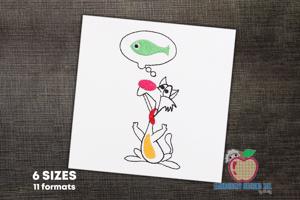 Cat As The Cartoon Thinking Of Fish Sketch Embroidery
