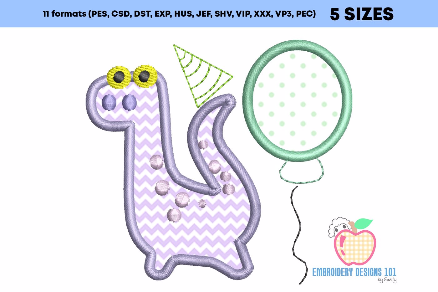Birthday Longneck Dinosaur with Balloons Birthday Applique