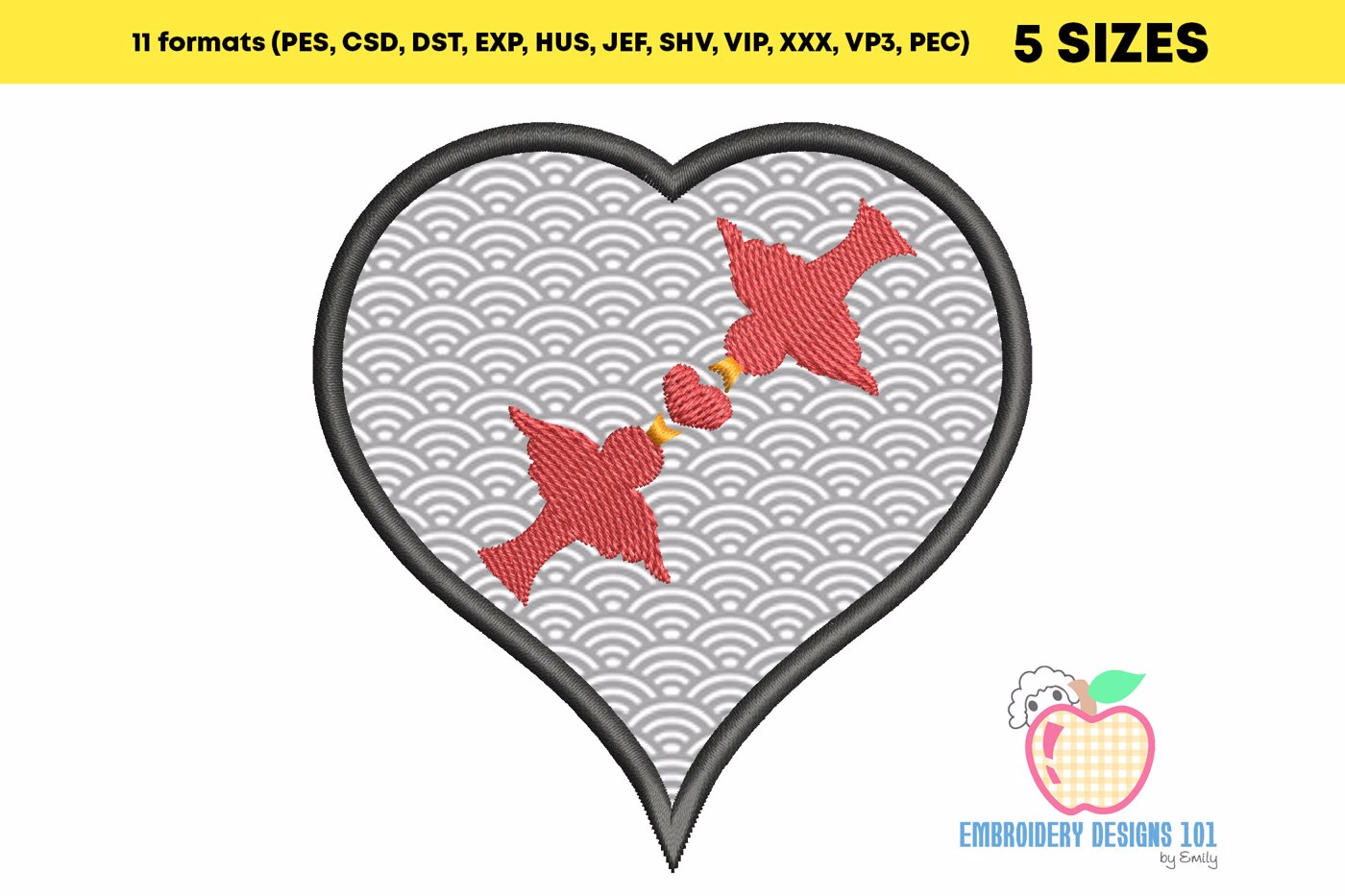 Love Birds In Heart Embroidery Applique Designs
