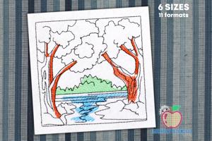 Flowing River in forest Sketch Embroidery