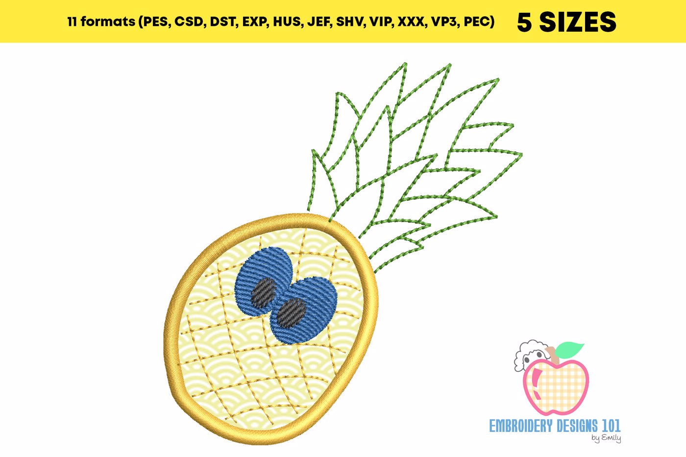 Pineapple with green leaf on the top having big blue eyes applique