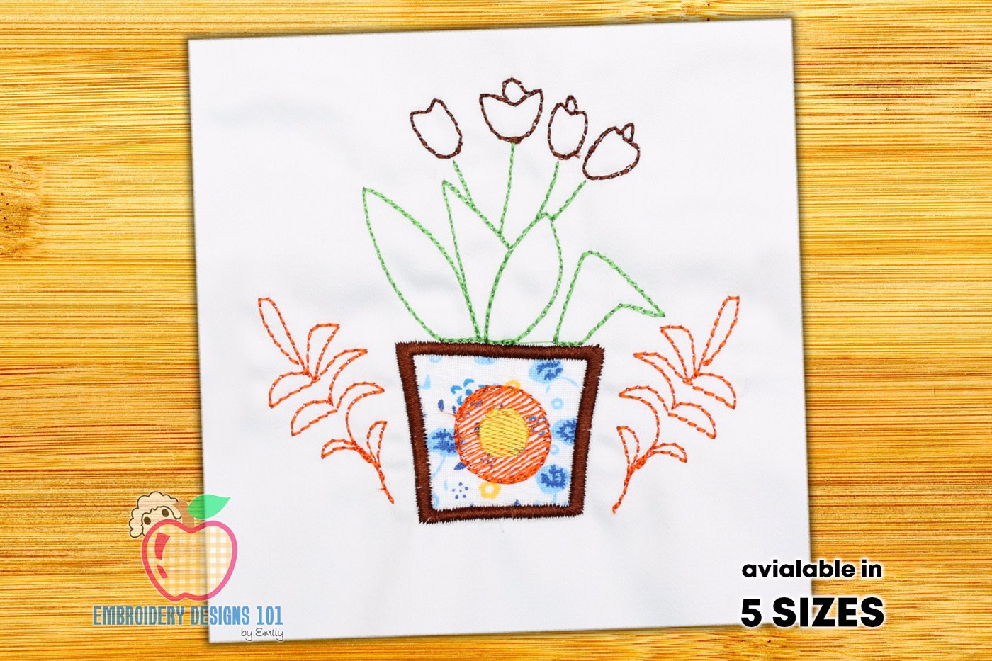 Designed Pot Of Flowers Embroidery Design