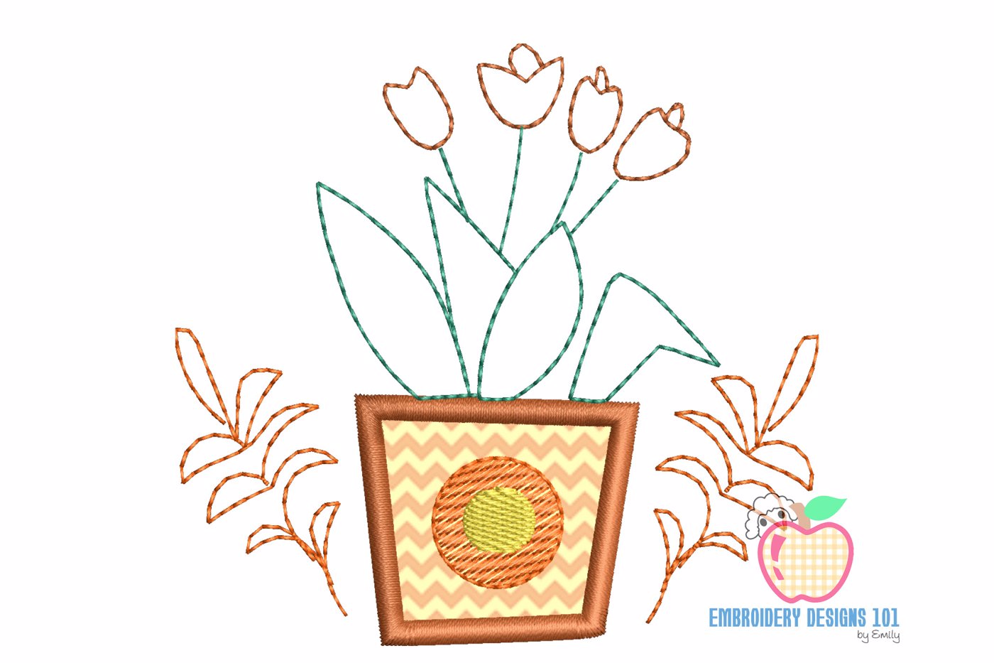 Designed Pot Of Flowers Embroidery Design