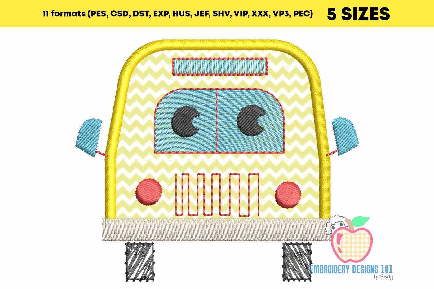 Front View of School Bus Applique Design
