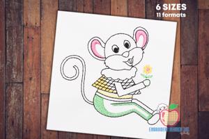 Cartoon Mouse Sitting With A Flower In Hands Sketch Embroidery