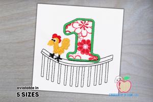 1st Birthday Rooster Crowing on a Fence Embroidery Applique