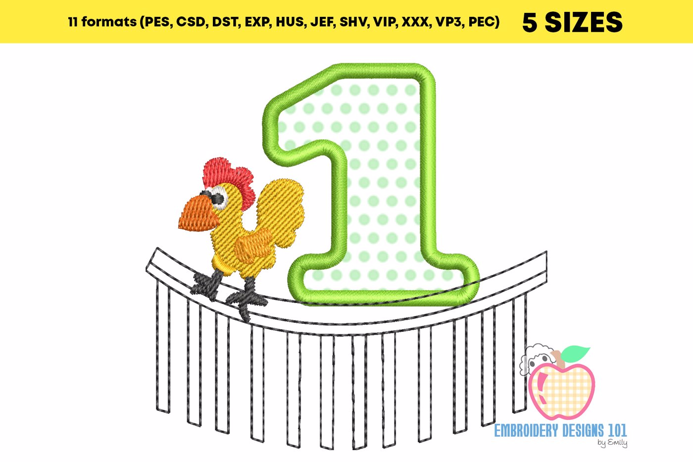 1st Birthday Rooster Crowing on a Fence Embroidery Applique