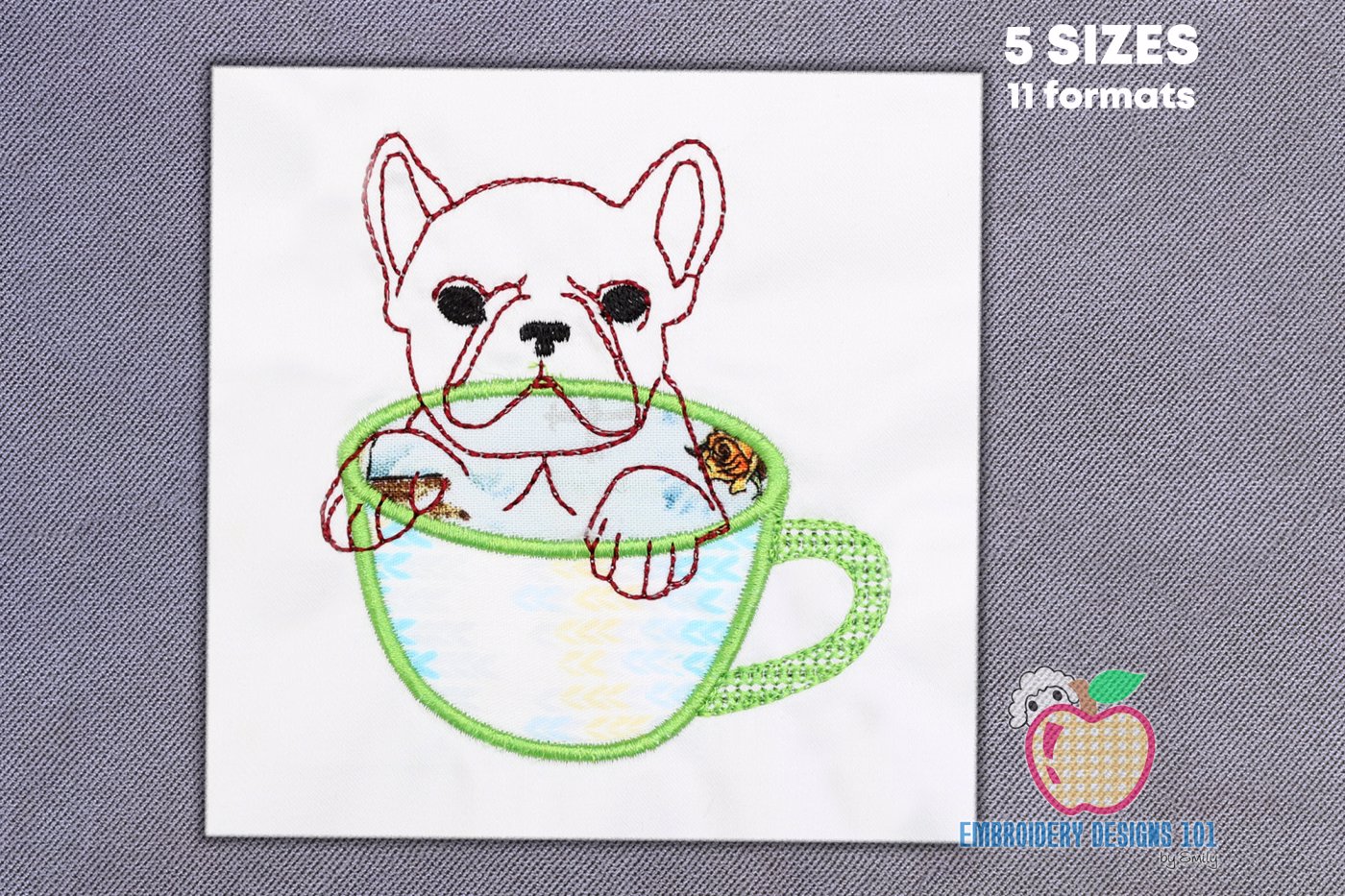 Bulldog With A Tea Cup Applique Design