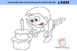 Boy Cutting His First Birthday Cake Sketch Embroidery