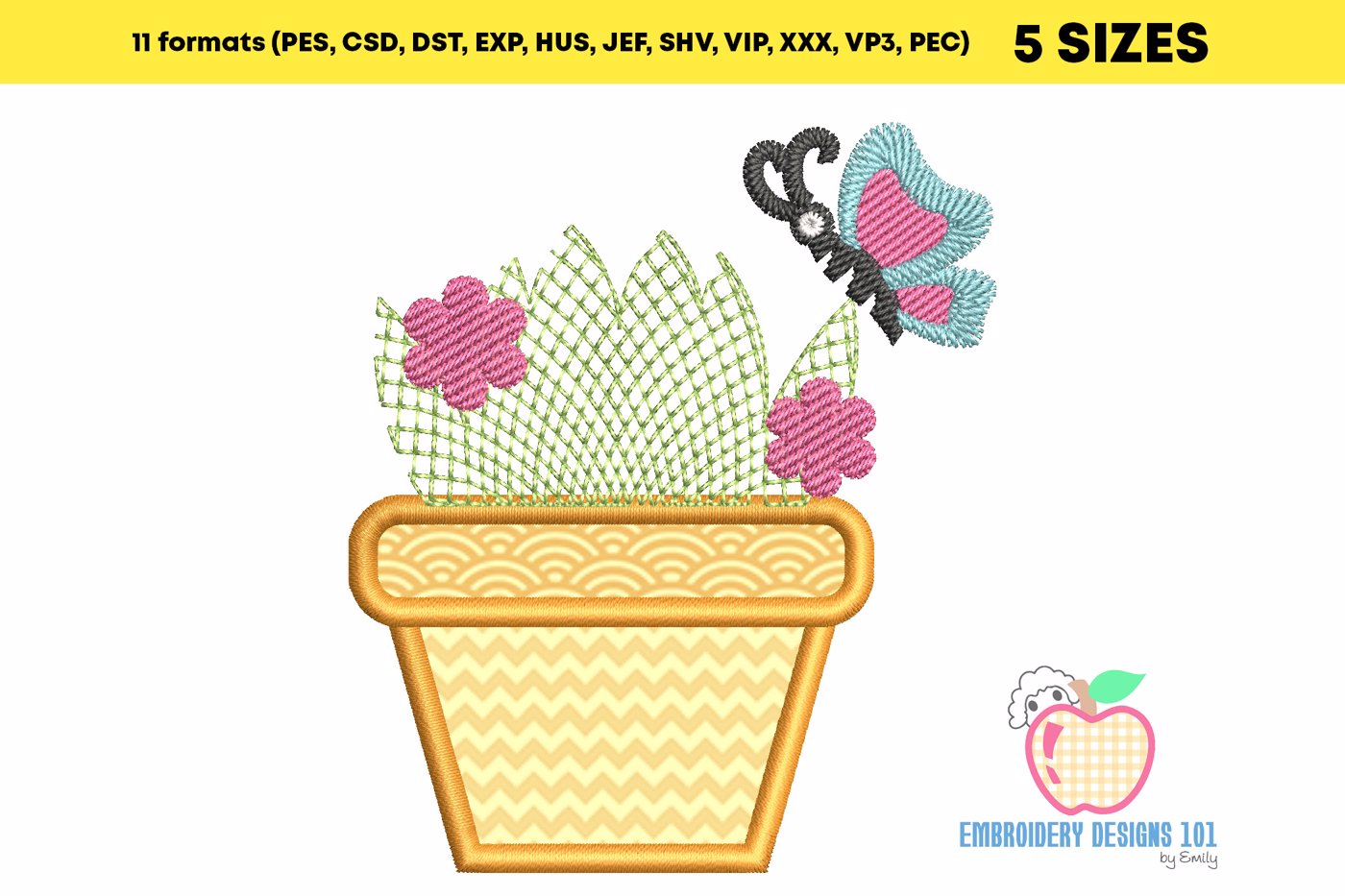 Plant Pot With Butterfly Embroidery Applique