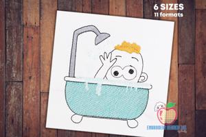 V A Little Baby Boy Peeking over the Top of a Bath Tub Sketch Embroidery