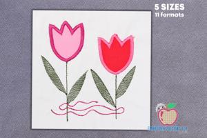 Two Pink Colored Tulip Flowers Tied With Thread Applique