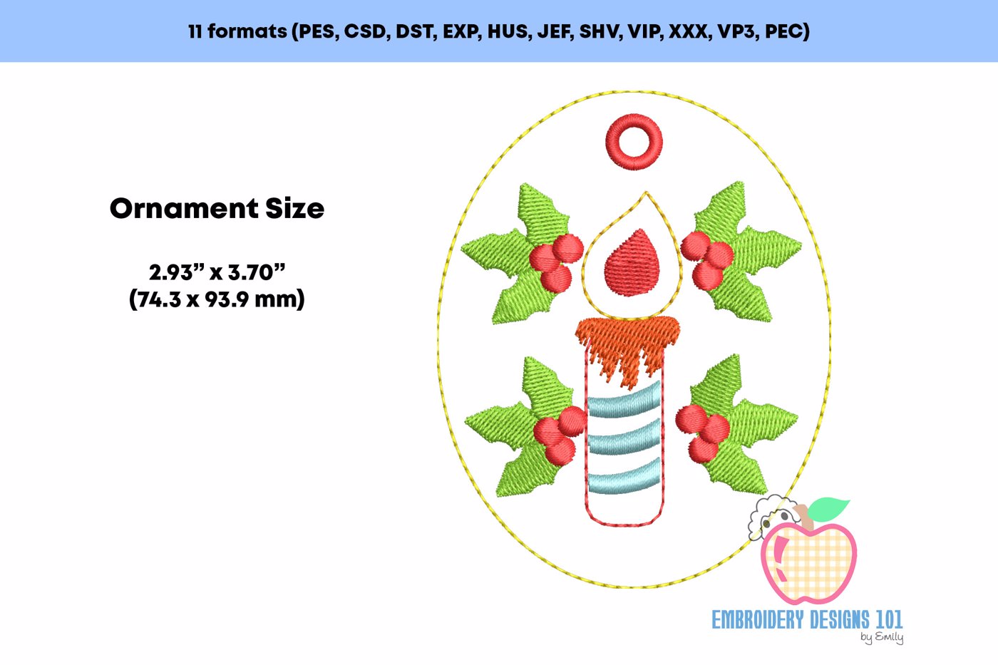 Christmas candle and Holly Berry ITH Ornament