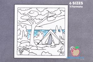 Camping Tent with Campfire Sketch Embroidery