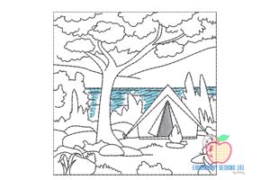 Camping Tent with Campfire Sketch Embroidery