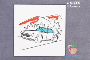 Car Parking on the countryside road Sketch Embroidery