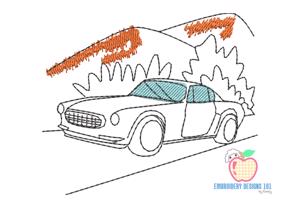 Car Parking on the countryside road Sketch Embroidery
