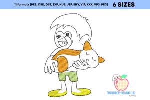 Boy Holding A Cat Sketch Embroidery