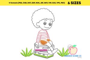 Boy Sitting On The Luggage Sketch Embroidery